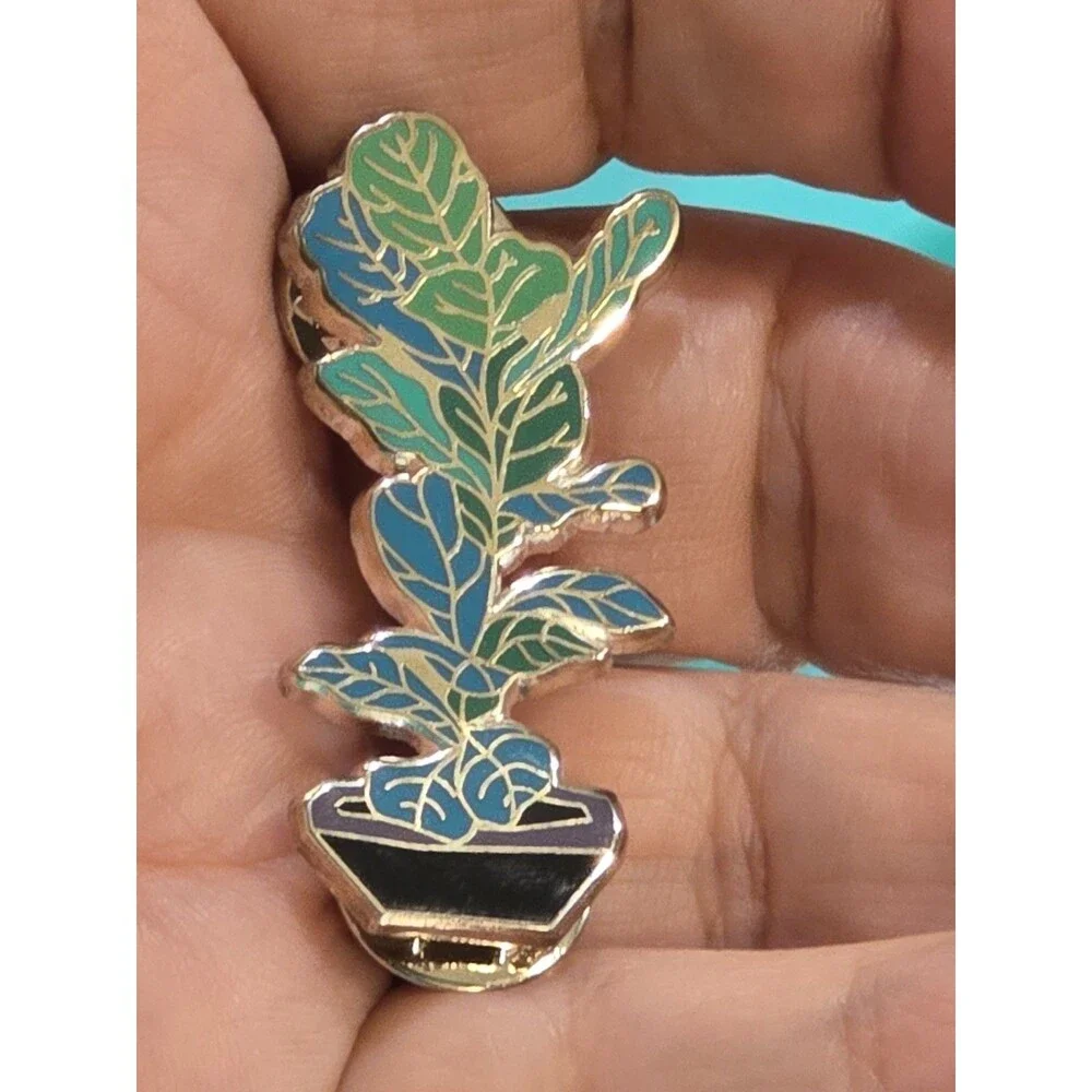 Fiddle Leaf Fig Enamel Lapel Pin Potted Houseplant Plant Lover Gold Tone #1366